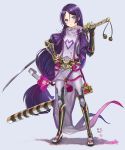  1girl absurdres blush bodysuit breasts fate/grand_order fate_(series) full_body hair_ornament hand_on_hip highres holding holding_sword holding_weapon katana long_hair looking_at_viewer mhg_(hellma) minamoto_no_raikou_(fate/grand_order) purple_hair sandals sheath small_breasts solo sword very_long_hair violet_eyes weapon younger 