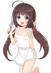  1girl :d absurdres ahoge apron bangs bare_arms bare_shoulders blue_eyes blush breasts brown_hair collarbone commentary_request eyebrows_visible_through_hair hank_(spider921) highres hinatsuru_ai holding holding_knife knife long_hair looking_at_viewer low_twintails naked_apron open_mouth ryuuou_no_oshigoto! sidelocks simple_background small_breasts smile solo standing standing_on_one_leg twintails very_long_hair white_background 