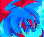  blue_sky claws clouds cloudy_sky commentary dated flying full_body looking_at_viewer no_humans pokemon pokemon_(creature) pokemon_(game) pokemon_rse red_eyes rock-bomber salamence signature sky solo tail wings 