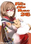  1girl 2018 absurdres animal brown_hair commentary_request dog earrings furisode glasses highres holding holding_animal japanese_clothes jewelry kimono lindoh_flores long_hair looking_at_viewer nail_polish new_year original red-eyes_macadamiachoco red-framed_eyewear red_eyes simple_background smile solo twitter_username upper_body white_background 