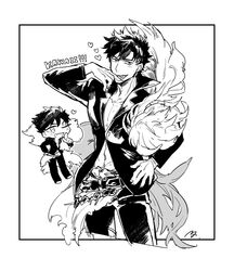  1boy belial_(granblue_fantasy) belt black_border border chibi_inset feather_boa granblue_fantasy greyscale hand_on_hip heart index_finger_raised licking_lips male_focus midriff miyakami monochrome popped_collar solo tongue tongue_out 