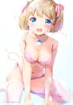 1girl :d bare_shoulders blonde_hair blue_eyes bra breasts choker cleavage commentary_request hair_ribbon highres looking_at_viewer medium_breasts navel open_mouth original panties pink_bra pink_panties pink_ribbon ribbon shiratama_akane short_hair smile solo sparkle thigh-highs twitter_username underwear underwear_only white_choker white_legwear 