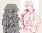  1boy clutching_chest dark_persona fire_emblem fire_emblem:_kakusei fire_emblem_heroes gimurei highres kohiu male_focus male_my_unit_(fire_emblem:_kakusei) my_unit_(fire_emblem:_kakusei) nipples pectorals red_eyes robe simple_background sketch solo tan_background 