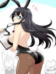  1girl animal_ears bare_back bare_shoulders black_hair blue_eyes bunny_tail bunnysuit clipboard glasses gomasamune highres kantai_collection long_hair ooyodo_(kantai_collection) rabbit_ears semi-rimless_eyewear solo tail thigh-highs 