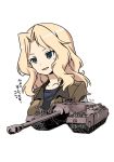  1girl blonde_hair blue_eyes girls_und_panzer ground_vehicle highres kay_(girls_und_panzer) long_hair military military_vehicle motor_vehicle muramasa_mikado simple_background sweatdrop t28_super_heavy_tank t95 tank tank_destroyer 