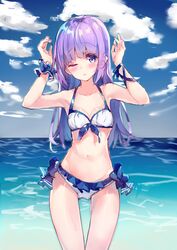  1girl aikatsu! bare_shoulders bikini blue_bow blue_scrunchie blue_sky blush bow breasts cleavage clouds cloudy_sky collarbone commentary_request day groin head_tilt highres hikami_sumire horizon long_hair looking_at_viewer makiaato navel ocean one_eye_closed outdoors parted_lips purple_hair scrunchie sketch sky small_breasts solo swimsuit very_long_hair violet_eyes water wet white_bikini wrist_scrunchie 