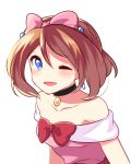  1girl ;d blue_eyes blush bow brown_hair choker collarbone hair_bow haruka_(pokemon) highres one_eye_closed open_mouth pink_bow pokemon red_bow short_hair simple_background sleeveless smile solo upper_body white_background yuihiko 