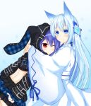  2girls animal_ears belt blue_eyes blue_hair blush colored_eyelashes effole_(fairy_fencer_f) ethel_(fairy_fencer_f) fairy_fencer_f fox_ears fuji_kakei hood hood_up hug japanese_clothes long_hair miko minigirl multiple_girls obi one_eye_closed rabbit_ears red_eyes ribbon-trimmed_sleeves ribbon_trim sash smile tagme wide_sleeves 