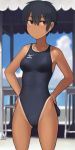  1girl androgynous black_eyes black_hair black_swimsuit competition_swimsuit cowboy_shot dark_skin hands_on_hips lvi mizuno one-piece_swimsuit one-piece_tan original short_hair solo standing swimsuit tan tanline 