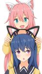  2girls animal_ears blue_eyes blue_hair blush cardigan cat_day commentary_request eyebrows_visible_through_hair fake_animal_ears hair_between_eyes kagamihara_nadeshiko linfa_lm long_hair multiple_girls open_mouth pink_hair putting_on_headwear school_uniform shima_rin smile very_long_hair violet_eyes yurucamp 