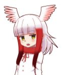  1girl bangs blunt_bangs blush eyebrows_visible_through_hair head_wings japanese_crested_ibis_(kemono_friends) kemono_friends looking_away multicolored_hair open_mouth redhead ribbon sd_(s-di) sidelocks simple_background solo two-tone_hair upper_body upper_teeth white_background white_hair yellow_eyes 