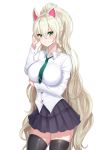  1girl animal_ears black_legwear blonde_hair breasts copyright_request greem_bang green_eyes green_neckwear high_ponytail highres large_breasts long_hair looking_at_viewer necktie pleated_skirt school_uniform simple_background skirt smile solo thigh-highs very_long_hair white_background zettai_ryouiki 