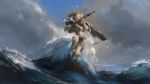 blonde_hair blue_eyes clouds gun intrepid_(kantai_collection) jumping kantai_collection ocean open_mouth rifle shoes waves weapon ye_fan 