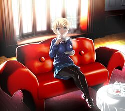  1girl backlighting bangs black_footwear black_legwear black_neckwear blonde_hair blue_eyes blue_skirt blue_sweater braid breasts couch crossed_ankles cup darjeeling emblem eyebrows_visible_through_hair full_body girls_und_panzer indoors large_breasts loafers long_sleeves looking_at_viewer miniskirt nakahira_guy panties panties_under_pantyhose pantyhose pantyshot pantyshot_(sitting) saucer school_uniform shoes short_hair sitting skirt solo st._gloriana&#039;s_(emblem) st._gloriana&#039;s_school_uniform sweater swept_bangs teacup tied_hair twin_braids underwear v-neck window 