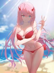  1girl absurdres aqua_eyes beach bikini blue_sky breast_hold breasts cleavage darling_in_the_franxx hair_between_eyes half-closed_eyes highres horns leaning_forward long_hair looking_at_viewer medium_breasts navel ocean open_mouth outdoors pink_hair red_bikini side-tie_bikini sky smile sunlight swimsuit untied untied_bikini very_long_hair zero_two_(darling_in_the_franxx) zipplin 