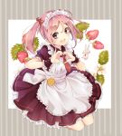 1girl :d alternate_costume apron blush enmaided eyebrows_visible_through_hair food fruit full_body hair_bobbles hair_ornament heart heart_hands highres jumping kantai_collection kona_(mmmkona) long_hair maid maid_apron maid_headdress necktie open_mouth petticoat pink_eyes pink_hair rabbit red_neckwear sazanami_(kantai_collection) smile solo strawberry twintails white_apron wrist_cuffs 