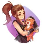  1girl 2018 animal artist_name black_gloves black_shirt breasts brigitte_(overwatch) brown_eyes brown_hair cat closed_eyes closed_mouth commentary dated fangs fingerless_gloves freckles gloves hair_ornament hair_tie half-closed_eyes hand_on_head lips long_hair open_mouth overwatch petting ponytail shirt sidelocks sleeveless sleeveless_shirt smile solo upper_body vmat 