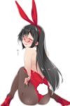  1girl animal_ears black-framed_eyewear black_hair blush brown_legwear bunny_tail closed_eyes fake_animal_ears glasses high_heels highres kantai_collection leotard long_hair mtu_(orewamuzituda) ooyodo_(kantai_collection) open_mouth pantyhose rabbit_ears red_footwear red_leotard simple_background solo tail tears white_background 