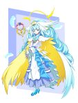  1girl bangs blue_dress blue_eyes blue_footwear blue_hair cape cure_ange dress earrings embellished_costume feathers frills gem hair_ornament halo head_wings highres holding holding_staff hugtto!_precure jewelry long_hair looking_at_viewer magical_girl matatabi_(karukan222) precure see-through smile solo staff standing wrist_cuffs yakushiji_saaya 