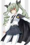  &gt;:) 1girl anchovy anzio_school_uniform arm_at_side bangs belt black_neckwear black_ribbon black_skirt breasts bright_pupils closed_mouth collared_shirt cropped_legs drill_hair eyebrows_visible_through_hair flipper girls_und_panzer green_hair hair_ribbon highres legs_apart long_sleeves looking_away looking_down medium_breasts medium_skirt necktie outstretched_arm pantyhose red_eyes ribbon shirt shirt_tucked_in skirt smug solo standing tsurime twin_drills twintails two-tone_background white_legwear white_shirt wing_collar 