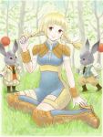  1girl blonde_hair bodysuit boots braid breasts commentary_request final_fantasy final_fantasy_xii flower groin highres knee_boots kneehighs looking_at_viewer moogle penelo plant ribbed_sweater sitting smile sweater twin_braids twintails 