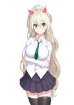  1girl animal_ears arm_behind_back black_legwear blonde_hair blush breast_hold breasts copyright_request drill_hair greem_bang green_eyes green_neckwear high_ponytail highres holding_own_arm large_breasts long_hair looking_at_viewer necktie pleated_skirt school_uniform simple_background skirt smile solo thigh-highs very_long_hair white_background zettai_ryouiki 