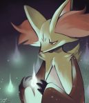  aqua_fire bent_elbows brown_eyes commentary dated delphox fire looking_away looking_down no_humans pokemon pokemon_(creature) pokemon_(game) pokemon_xy purple_background purple_fire rock-bomber signature solo upper_body white_fire 