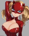  1girl arm_behind_head artist_name blonde_hair blue_eyes bodysuit breasts cat_mask cleavage earrings eyelashes highres jewelry large_breasts looking_at_viewer parted_lips persona persona_5 pink_lips red_bodysuit sendrawz solo stud_earrings takamaki_anne twintails upper_body whip zipper 