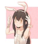  1girl akagi_(kantai_collection) alternate_costume arms_up asakawa_shinka black_hair blush breasts brown_hair bunny_hair_ornament camisole choker collarbone ear_visible_through_hair eyebrows_visible_through_hair gloves hair_between_eyes hair_ornament hairband kantai_collection looking_at_viewer parted_lips sleeveless small_breasts solo upper_body white_gloves white_neckwear younger 