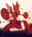  commentary dated full_body grass legs_apart looking_at_viewer no_humans orange_eyes outstretched_arms pink_background pokemon pokemon_(creature) pokemon_(game) pokemon_gsc red_skin rock-bomber scizor signature simple_background solo standing wings 