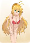  1girl antenna_hair bangs bare_legs bare_shoulders bent_over bikini blonde_hair blush breasts cleavage closed_mouth collarbone eyebrows_visible_through_hair feet_out_of_frame gradient gradient_background green_eyes hair_between_eyes hair_ornament highres large_breasts long_hair red_bikini sanpaku shinwota shiny shiny_hair solo sparkle standing swimsuit tareme tsurumaki_maki very_long_hair voiceroid yellow_background 