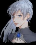 1girl blue_eyes chung_rwby cleavage_cutout closed_mouth commentary cropped_jacket crying crying_with_eyes_open earrings face high_collar highres jewelry long_hair necklace pendant ponytail portrait rwby scar scar_across_eye side_ponytail silver_hair tears weiss_schnee 