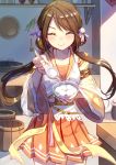  1girl ^_^ blush brown_hair closed_eyes commentary_request feeding food hair_ornament highres long_hair original pov_feeding smile solo spoon twintails very_long_hair you_hashira 