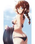  1girl arthur_ko ass bangs bikini black_bikini blue_eyes blurry blurry_background blush braid breasts brown_hair clouds hair_between_eyes hair_flaps hair_ornament hair_ribbon head_tilt highres holding jewelry kantai_collection long_hair looking_at_viewer medium_breasts open_mouth outdoors remodel_(kantai_collection) ribbon ring sailor_bikini sailor_collar shigure_(kancolle) sidelocks single_braid sky solo swimsuit twitter_username wedding_band 