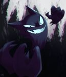  &gt;:d black_background black_eyes commentary dated fangs full_body ghost grey_background grin haunter looking_at_viewer no_humans open_mouth pokemon pokemon_(creature) pokemon_(game) pokemon_rgby rock-bomber signature smile solo 