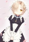  1girl alternate_costume azur_lane breasts chains coraman enmaided highres jewelry looking_at_viewer maid petals platinum_blonde ring sheffield_(azur_lane) simple_background solo wedding_ring yellow_eyes 