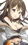  1girl bangs bare_shoulders blush breasts brown_eyes brown_hair cleavage crop_top eyebrows_visible_through_hair fingerless_gloves flustered girls_frontline gloves hair_between_eyes hand_on_own_chest highres jacket k-2_(girls_frontline) long_hair medium_breasts midriff navel off_shoulder open_mouth partly_fingerless_gloves pointer side_ponytail sidelocks simple_background skirt solo sweatdrop tears white_background xiao_dingdang_nayo 
