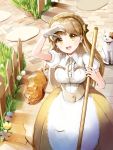  1girl :d bow brown_bow brown_hair cat earrings fence flower gloves grass hairband hinare_(hinare777) jewelry long_hair looking_at_viewer maid open_mouth original single_glove skirt smile solo staff white_gloves yellow_eyes yellow_skirt 