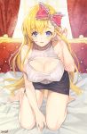  1girl artist_name bare_shoulders barefoot blonde_hair blue_eyes blush bow breasts cleavage collarbone commission damda eyebrows_visible_through_hair hair_bow large_breasts looking_at_viewer original parted_lips red_bow seiza sitting smile solo 