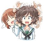  2girls :d adjusting_hair akiyama_yukari bangs black_neckwear blouse brown_eyes brown_hair closed_eyes commentary cropped_torso empty_eyes eyebrows_visible_through_hair girls_und_panzer hand_in_another&#039;s_hair kitayama_miuki long_sleeves looking_at_viewer messy_hair motion_blur multiple_girls neckerchief nishizumi_miho ooarai_school_uniform open_mouth peeking_out school_uniform serafuku short_hair simple_background smile standing upper_body white_background white_blouse 