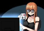  1girl bangs bare_arms bare_shoulders black-framed_eyewear blunt_bangs breasts chair cleavage clenched_teeth cup eyebrows_visible_through_hair glasses half-closed_eyes heart holding holding_cup kion-kun long_hair medium_breasts monitor parted_lips persona persona_5 reflection sakura_futaba screen_light shiny shiny_hair sleeveless solo straight_hair tank_top teeth upper_body 