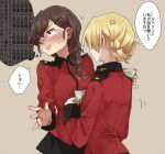  2girls anger_vein blonde_hair blush braid brown_hair cowboy_shot cup darjeeling french_braid girls_und_panzer hair_over_one_eye long_hair looking_away multiple_girls ree_(re-19) rukuriri short_hair single_braid st._gloriana&#039;s_military_uniform sweatdrop tan_background teacup thought_bubble translation_request trembling 