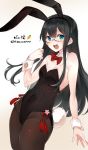  1girl animal_ears black_hair black_leotard blue_eyes bow bowtie breasts brown_legwear bunny_tail bunnysuit detached_collar glasses kantai_collection leotard long_hair looking_at_viewer ooyodo_(kantai_collection) open_mouth pantyhose rabbit_ears red_neckwear semi-rimless_eyewear simple_background small_breasts smile solo strapless strapless_leotard super_zombie tail under-rim_eyewear upper_teeth white_background wrist_cuffs 