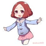  1girl :d blue_jacket brown_eyes brown_hair commentary_request do_m_kaeru jacket okumura_haru open_mouth outstretched_arms pantyhose persona persona_5 pink_skirt pleated_skirt short_hair skirt smile spread_arms twitter_username white_legwear 