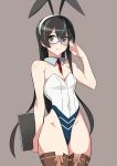  1girl adapted_costume animal_ears black_hair book breasts brown_background brown_legwear bunnysuit cowboy_shot detached_collar glasses green_eyes kantai_collection leotard long_hair looking_at_viewer ooyodo_(kantai_collection) rabbit_ears red_neckwear semi-rimless_eyewear simple_background small_breasts solo strapless strapless_leotard thigh-highs under-rim_eyewear webslinger white_leotard wrist_cuffs 