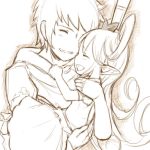  1boy 1girl :d ^_^ carrying charlotta_(granblue_fantasy) closed_eyes crown curly_hair dress gran_(granblue_fantasy) granblue_fantasy happy harbin hug long_hair monochrome open_mouth pointy_ears size_difference smile walkalone 