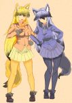  2girls absurdres animal_ears black_gloves black_legwear blonde_hair blue_jacket bow bowtie boy_(pixiv17542438) breasts commentary_request ezo_red_fox_(kemono_friends) fang fox_ears fox_tail fur-trimmed_boots fur-trimmed_sleeves fur_trim gloves grey_eyes grey_hair hair_between_eyes hands_on_hips highres jacket kemono_friends large_breasts long_hair looking_at_viewer multicolored_hair multiple_girls open_mouth orange_jacket orange_legwear silver_fox_(kemono_friends) smile tail yellow_eyes 