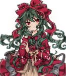  1girl bangs blush commentary_request dress green_hair hair_ribbon holding kagiyama_hina long_hair looking_at_viewer multicolored multicolored_clothes multicolored_dress red_eyes red_ribbon ribbon sato_imo solo touhou white_background 