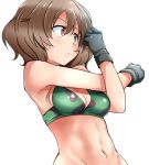  1girl abs akiyama_yukari alternate_costume armpits bangs black_gloves breasts brown_eyes brown_hair camouflage_bikini_top cleavage closed_mouth commentary eyebrows_visible_through_hair frown girls_und_panzer gloves green_bikini_top kitayama_miuki looking_to_the_side medium_breasts messy_hair navel short_hair simple_background solo standing stretch upper_body white_background 