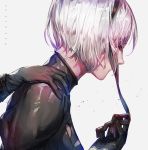  black_dress black_gloves black_hairband blindfold blindfold_removed blue_eyes cleavage_cutout close-up dress from_side gloves hairband hand_on_shoulder long_sleeves looking_down nier_(series) nier_automata no_blindfold reagan silver_hair vambraces yorha_no._2_type_b 